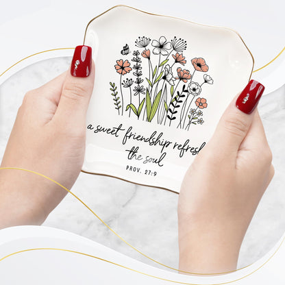 HEXMOZ Friendship Gifts for Women, Best Friend - Friend Birthday Ideas Gift, Soul Sister Gift for Women Christian - Sweet Friendship 4.5"X4.5" Floral Ceramic Jewelry Dish Tray - Tricket Dish