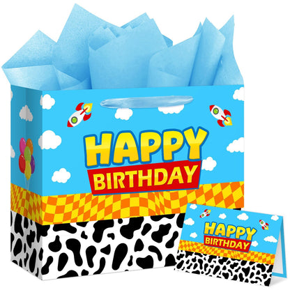 Reyoust 13" Large Toy Gift Bag with Card and Tissue Paper Toy Inspired Story Present Bag for Happy Birthday Blue Cartoon Party Decorations 1Pcs 13" L x 10.2" H x 4.9" D