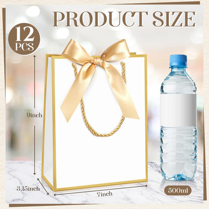 Silkfly 12 Pcs Wedding Paper Gift Bags with Handle 9x7x3.15'' Thank You Gifts Bags with Ribbon Bow Bridal Shower Gifts for Baby Shower Graduation Holiday Birthday Party Supplies (White,Gold)