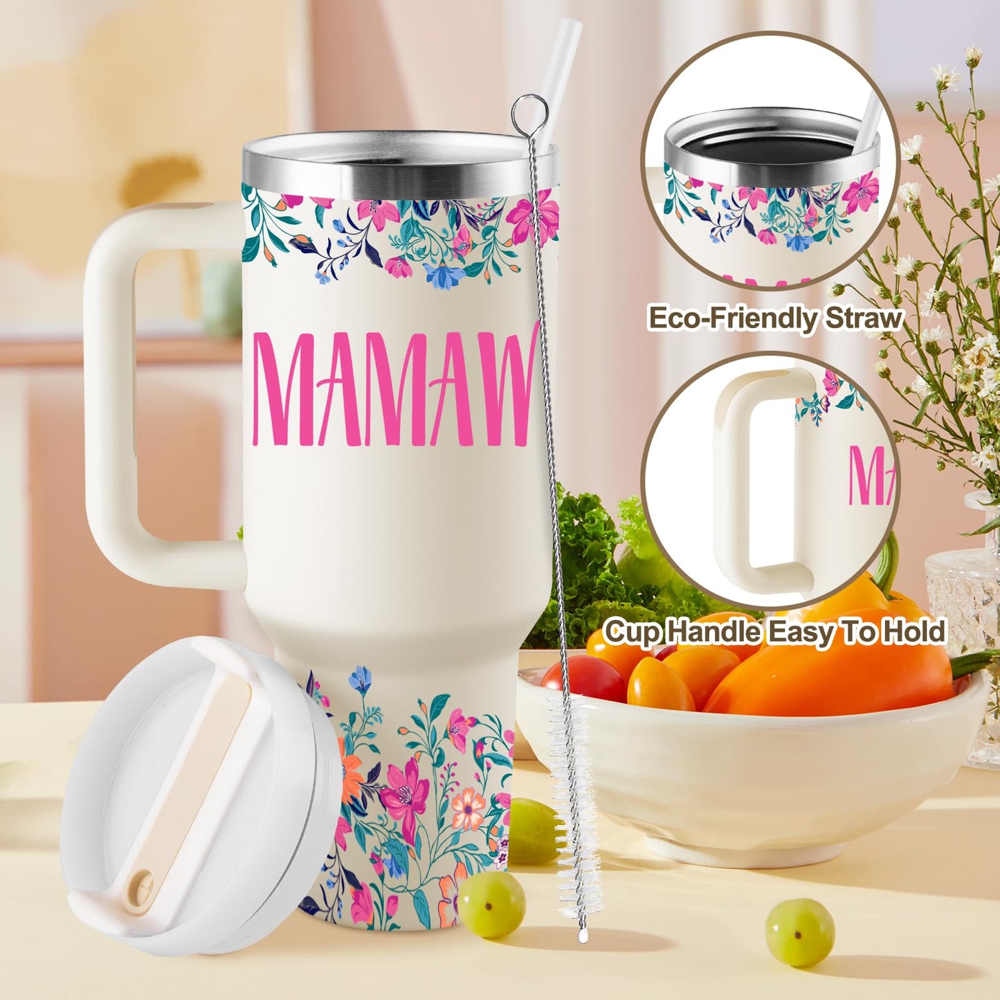 ROSTANTEN Mamaw Gifts Mamaw Birthday Gifts for Mamaw 40oz Travel Cup Insulated Tumbler with Lid & Straw