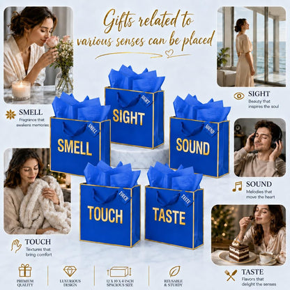 Large Gold Foil 5 Senses Gift Bags For Him Her with Labels Envelopes and Cards, Sight Smell Touch Taste Sound Gift Bags with Tissue Paper For Birthday, Anniversary, Mother'S Day, Valentine's Day 12 x 10 x 4 (Blue)