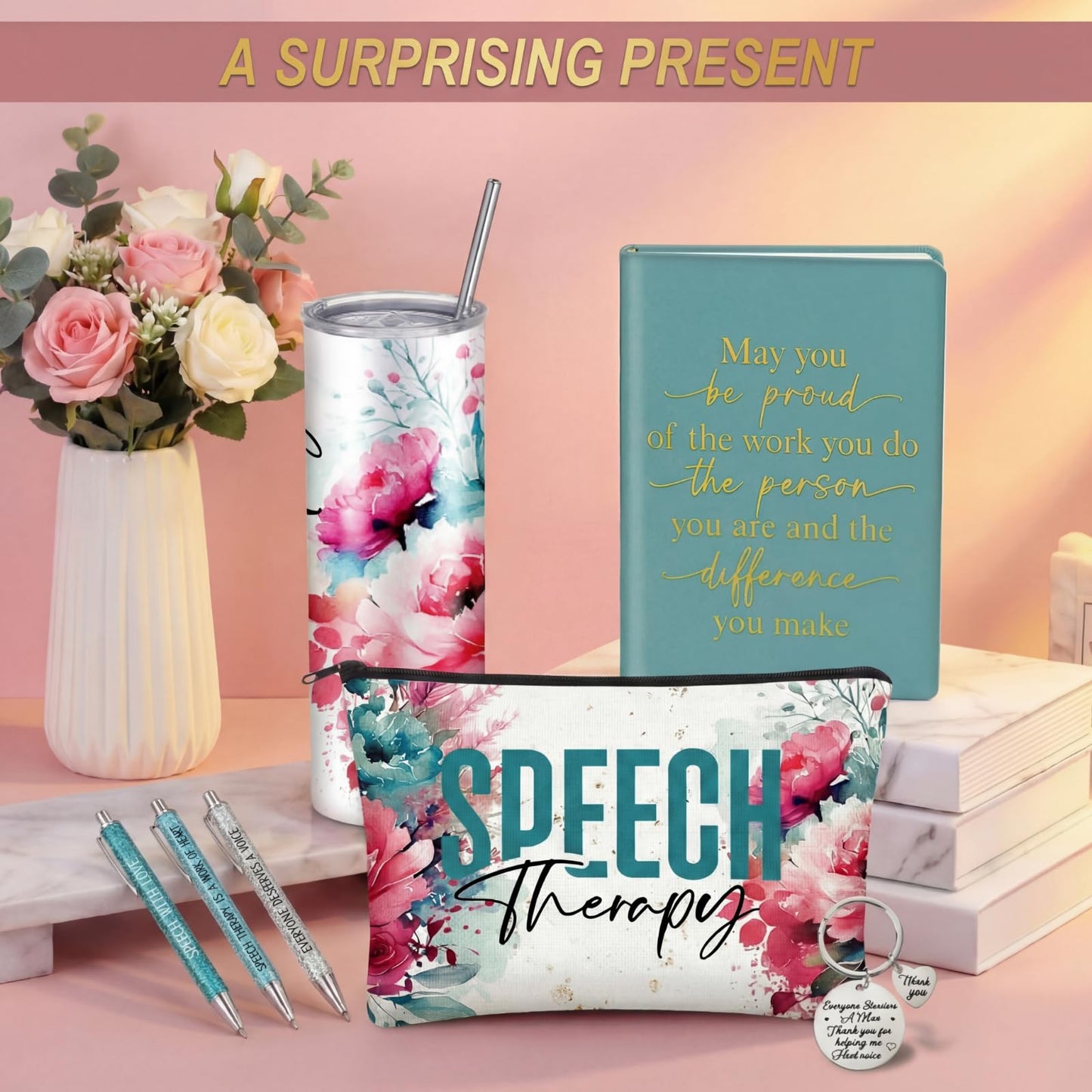 Patelai 7 Pcs Speech Therapy Gifts for Women Teachers Day Language Pathologist Gifts Set for Slp Assistant Therapist Pathologist Include Notebook Tumbler Makeup Bag Pen Essentials(Pink Floral)