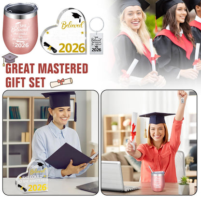 Gerrii 3 Pcs Masters Graduation Gift Set She Believed She Could So Mastered It 2026 Insulated Tumbler 12 oz Acrylic Heart Decor Keychain Graduation Master Degree Christmas Gift for Women(Master)
