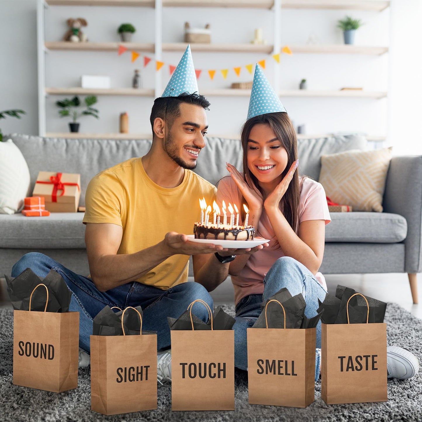 Kolldenn 5 Senses Gift Bags for Him for Her with 10 Pcs Tissue Paper, Paper Bags with Handles Five Senses Gifts for Valentines Christmas Birthday Wedding Anniversary (Kraft,8.3 x 4.3 x 10.6 Inch)
