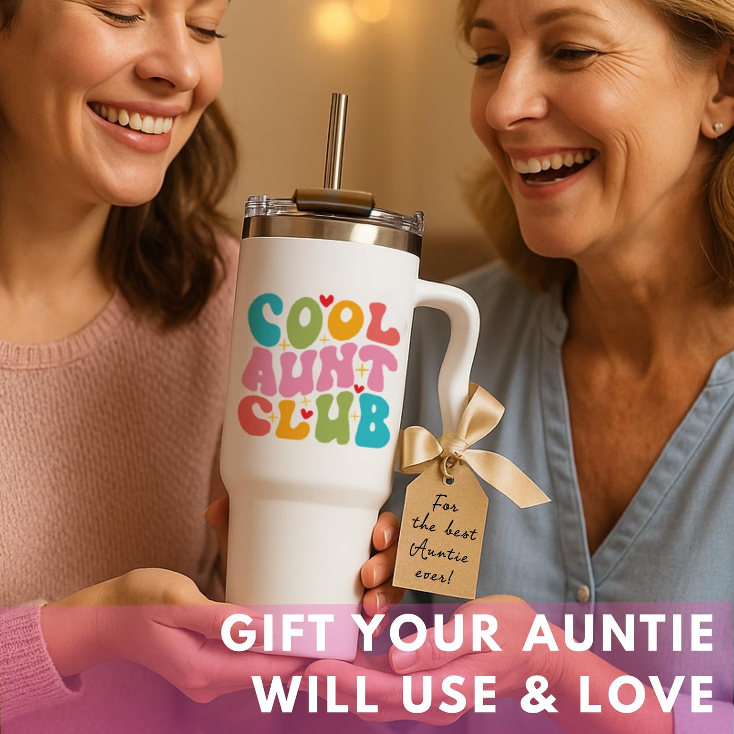 Mothers Day Gifts for Aunt - Cool Aunt Club Coffee Tumbler 40Oz, Best Auntie Gifts from Niece Nephew for Birthday, Presents for First Time & Best Auntie Ever, New Aunty Cup with Handle Straw