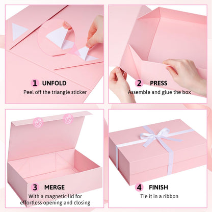 VGOODALL Pink Gift Box, 13x9x4 Inches Gift Boxes for Presents With Lids and Magnetic Closure Collapsible for Mother's Day, Bridesmaid Proposal, Weddings, Anniversary Present