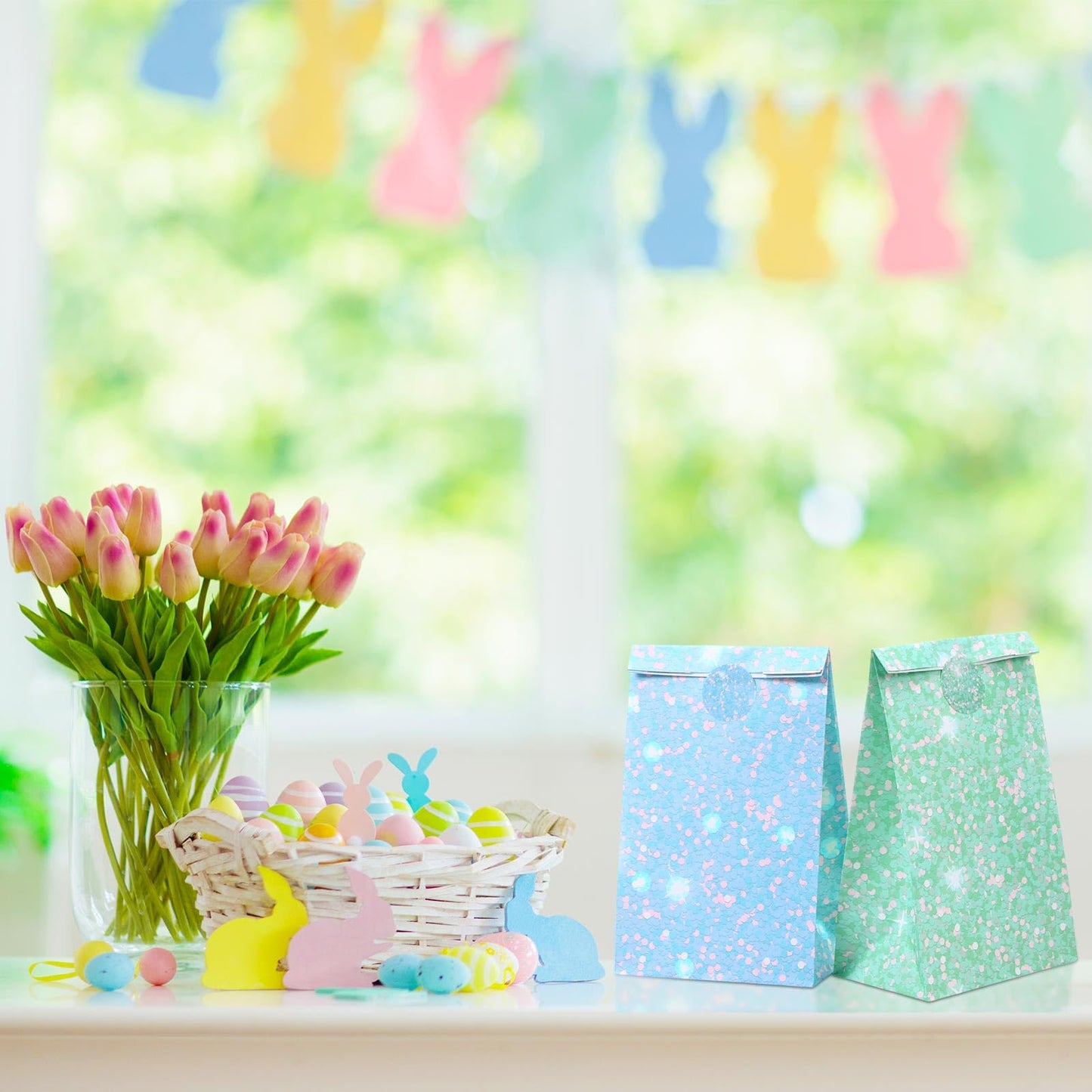 Kolldenn 24 Pcs Glitter Pastel Gift Bags Bulk Pastel Party Favors Small Goodie Treat Bags with Sealing Stickers for Wedding Baby Shower Birthday Holiday Party Favors Supplies