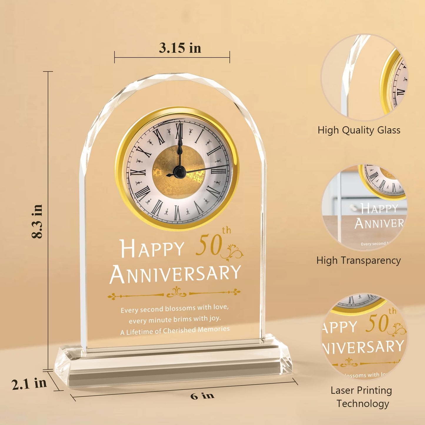 50th Wedding Anniversary Crystal Clock Gifts for Couple Parents, 50 Year Anniversary Wedding Gifts Quartz Clock Gifts for Husband Wife, 50th Wedding Anniversary Decorations