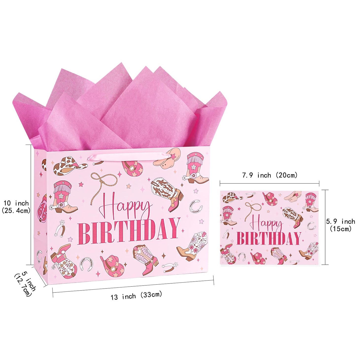 LeZakaa 13" Western Birthday Gift Bag for Kids Girls, Happy Birthday Cowgirl Hats Boots Lassos Horseshoes Stars Design, Tissue Paper, Greeting Card, 13" x 10" x 5", 1 Pcs