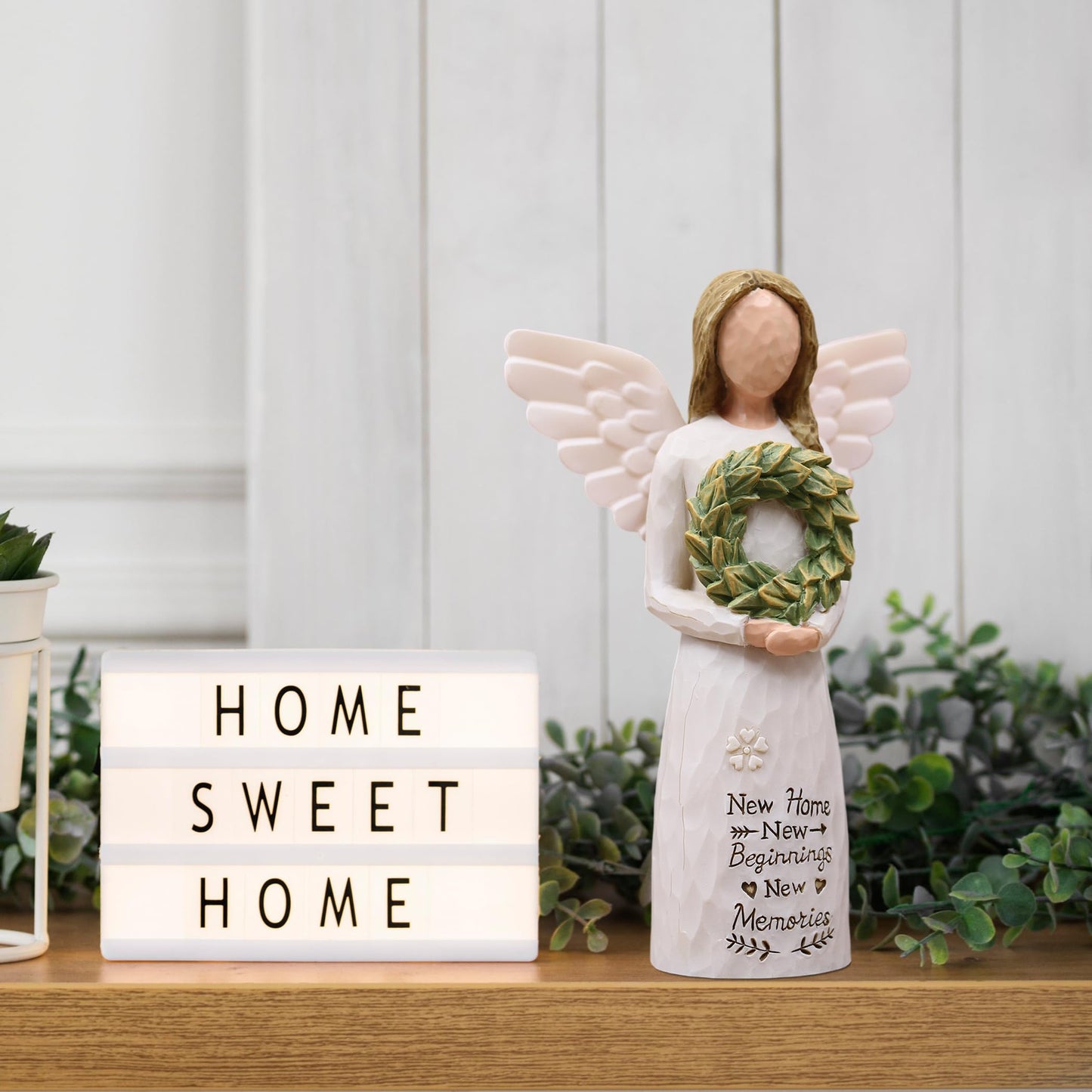House Warming Gifts New Home Essentials, New Home Gift Ideas for Women Homeowner, Hand-Painted Resin Angel Figurine with Floral Wreath