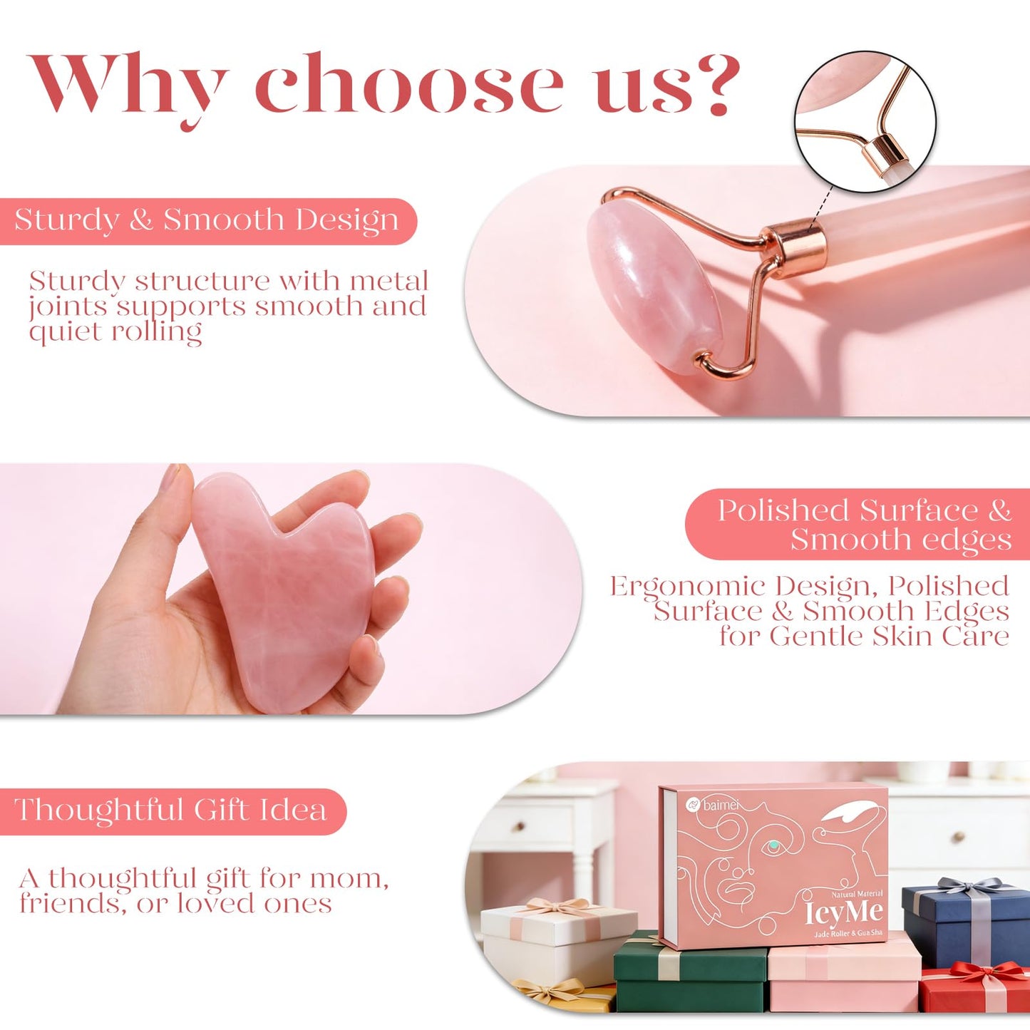 BAIMEI IcyMe Rose Quartz Roller & Gua Sha Set, Cooling Face Roller for Depuffing & Lymphatic Massage, Sculpting Tool for Face, Eyes & Neck, Smooth Skincare Gift for Women and Men