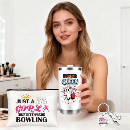 Bowling Gifts for Women Girls, Bowling Ball and Pins 20 oz Tumbler with Lid And Straw, Makeup Bag, Keychain, and Socks, Christmas Birthday Gifts for Bowlers Coach Sports Player