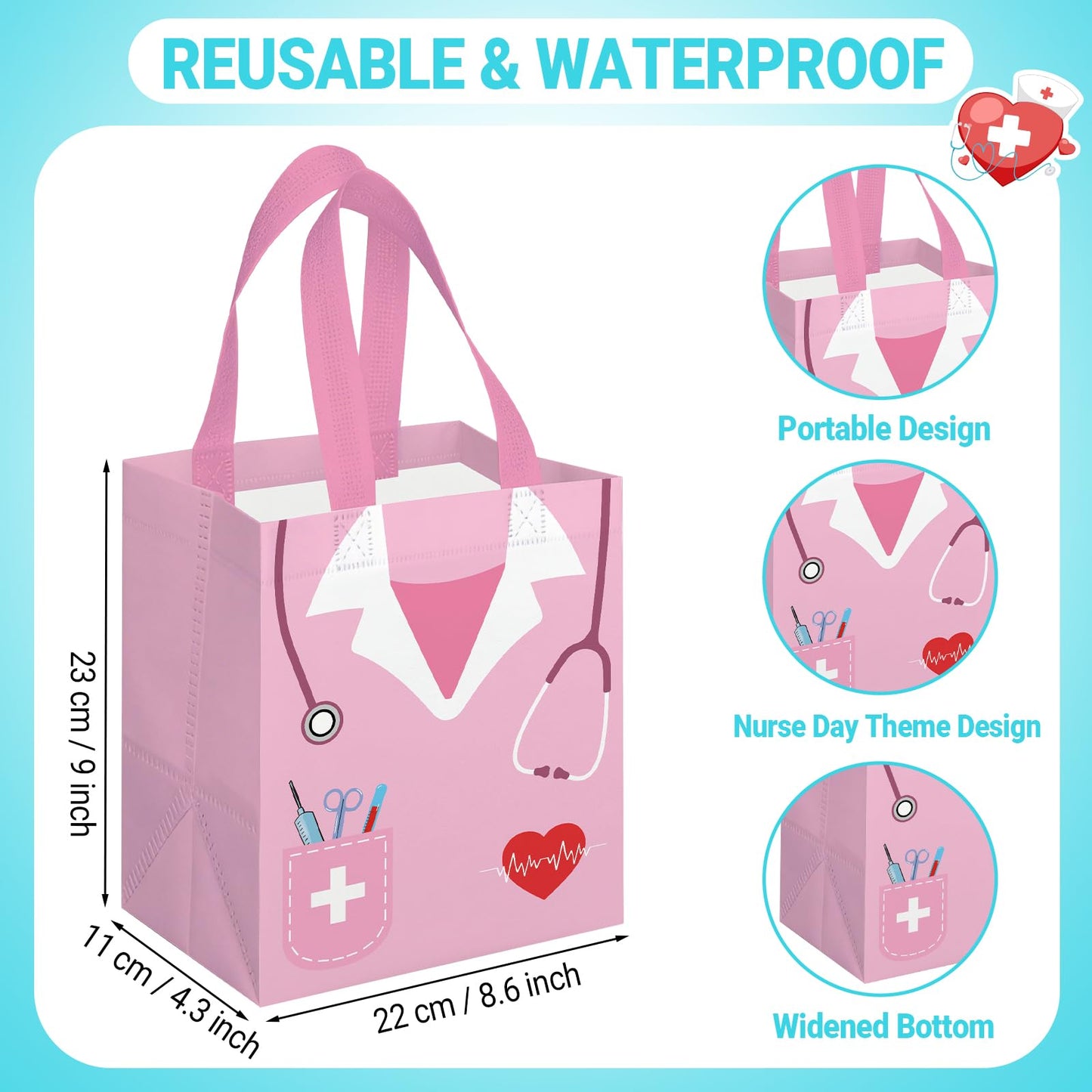 KOPOOEOE 24 Pcs Nurse Week Gifts Bags Bulk Nurse Appreciation Gift Bag with Handles Reusable Thank You Treat Bag for Rn Cna Crna Non Woven Treat Tote Bags for Medical Assistant Party Favor