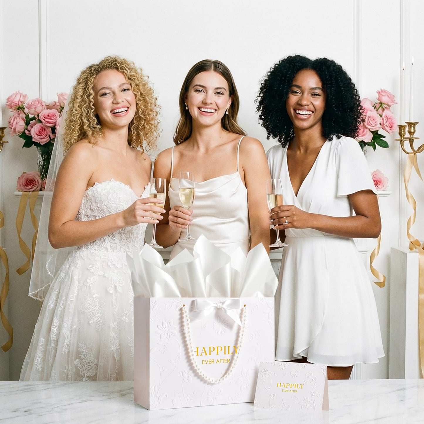 Crisky 13" Embossed Wedding Gift Bag with Pearl Handles, Large Bridal Shower Gift Bag with Greeting Card Tissue Paper Envelopes (Happily Ever After) for Bride, Women, Friends Engagement Party