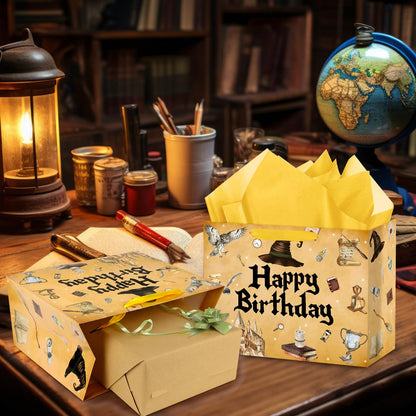 Hooqict Magical Wizard Gift Bag Happy Birthday Gift Wrapping Bag with Handles, Tissue Paper and Greeting Cards for Kids Girls Boys Wizard Birthday Party Supplies Halloween Party Favors