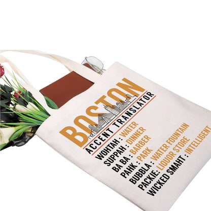ZJXHPO Boston Accent Translator Tote Bag State Massachusetts Souvenir Bostonians Reusable Shopping Bag Boston Skyline Gift