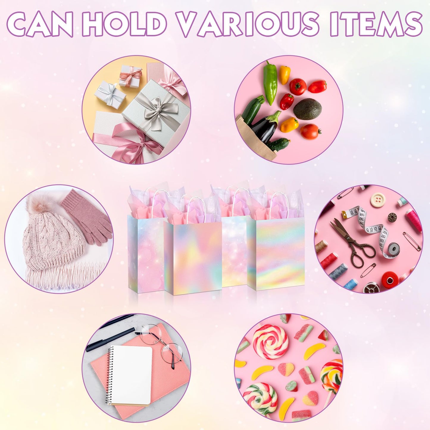 Maitys 24 Pcs Pastel Rainbow Goodie Bags with Tissue Paper, Spring Easter Party Favor Bags Rainbow Party Favor Bag Pastel Gift Bag for Kids Girls Spring Unicorn Birthday Wedding Baby Shower Decor