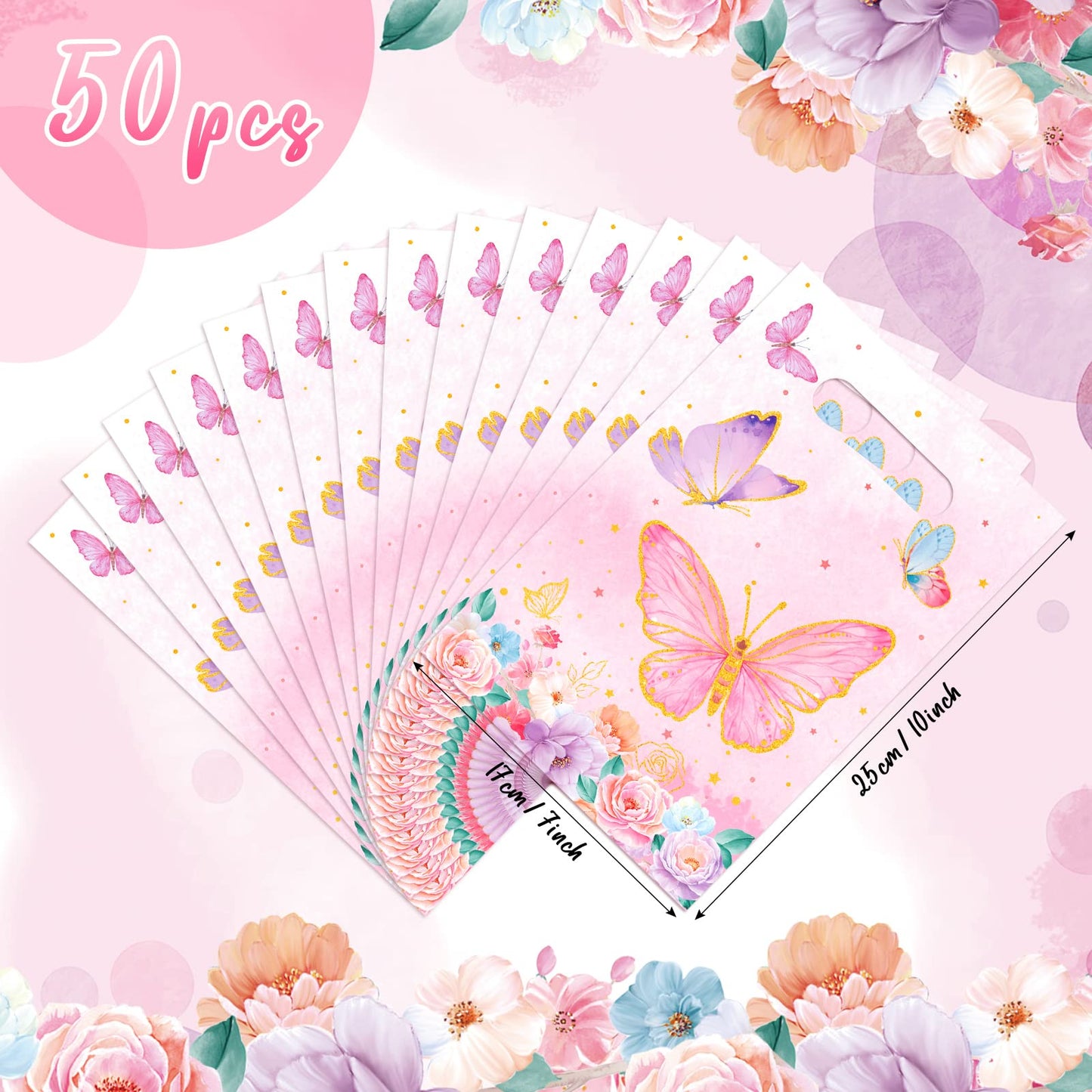 Teling 50 Pcs Butterfly Gift Bags Plastic Small Pink Butterfly Candy Bags Foral Birthday Goodie Bag with Die Cut Handle for Spring Summertheme Party Gift Wrapping Supplies Decor, 7 x 10 Inch