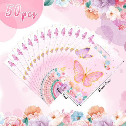Teling 50 Pcs Butterfly Gift Bags Plastic Small Pink Butterfly Candy Bags Foral Birthday Goodie Bag with Die Cut Handle for Spring Summertheme Party Gift Wrapping Supplies Decor, 7 x 10 Inch