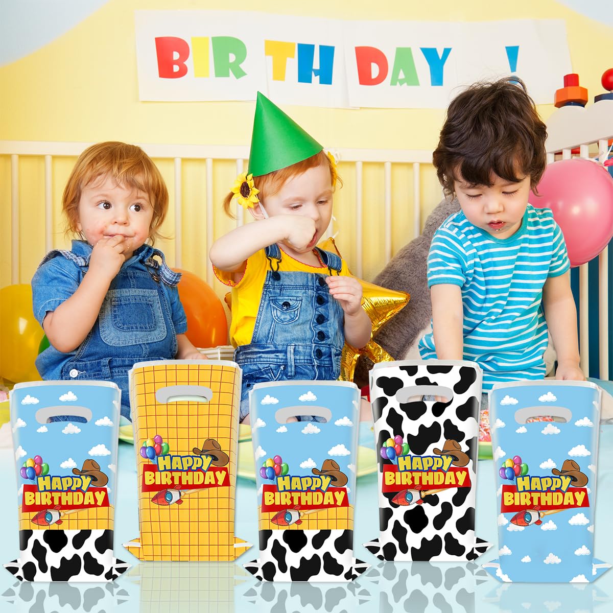 JU XIN 40pcs Cartoon Story Birthday Party Favor Bags, Blue Sky White Cloud and Cow Print Candy Bags for Kids Party Decora