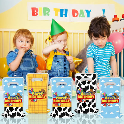 JU XIN 40pcs Cartoon Story Birthday Party Favor Bags, Blue Sky White Cloud and Cow Print Candy Bags for Kids Party Decora