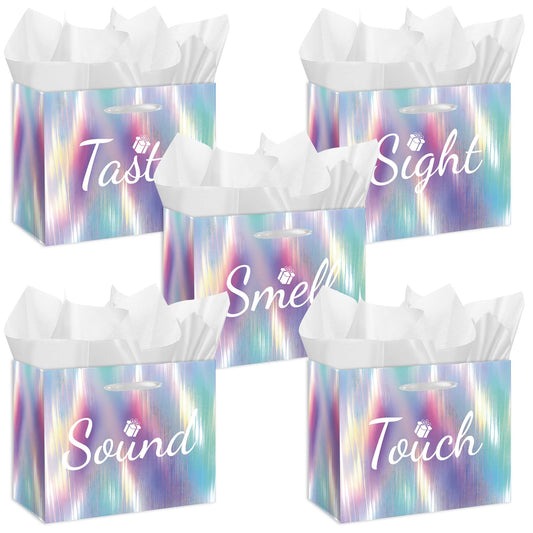 Large 5 Senses Gift Bags For Him Her - Sight Smell Touch Taste Sound Gift Bags with Cards & Tissue Paper for Wedding Favors, Birthday Party Gifts, Birthday, Anniversary, Mother'S Day, Valentine'S Day