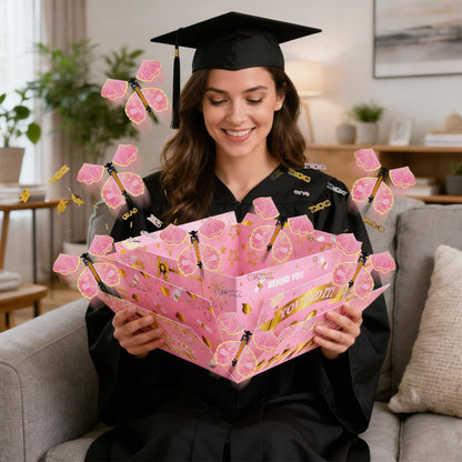 Graduation Gift Boxes 2026, Surprise Gift Box Explosion with 8 Pcs Flying Butterfly Photo DIY, Graduation Box 2026 Exploding Gift Box for High School College Graduate Party Decoration (Pink & Glod )