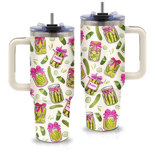 Pickle Gifts - Funny Pickle Themed Tumbler 40oz with Handle and Straws, Leak-proof, Stainless Steel Insulated Travel Coffee Mugs for Pickles Lovers, Pickled Food Enthusiasts Gifts Birthday Cup
