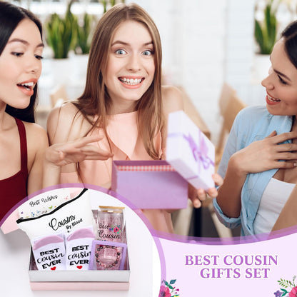 Pickmesh 7 Pack Cousin Gifts for Women, Thank You Best Cousin Ever Themed Gift for Birthday, Canvas Tote Bag, Makeup Bag, 16 oz Coffee Glass Cup, Socks, Stone Bracelet, Greeting Card and Box