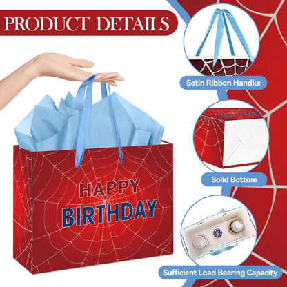 EIGHTSTATES Spider Web Birthday Gift Bag - Red Spider Theme Party Gift Bag with Card & Tissue Paper - Halloween Birthday Decor for Kids, Boys & Girls - Baby Shower Party Decorations Supplies