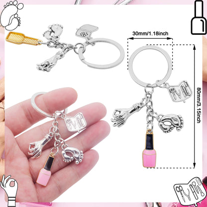 10Pcs Manicure Keychain Alloy Nail Polish Manicure Tool Hands and Feet Charm Keyrings for Manicurist Nail Stylist Nail Technician Gifts or Beauty Lovers