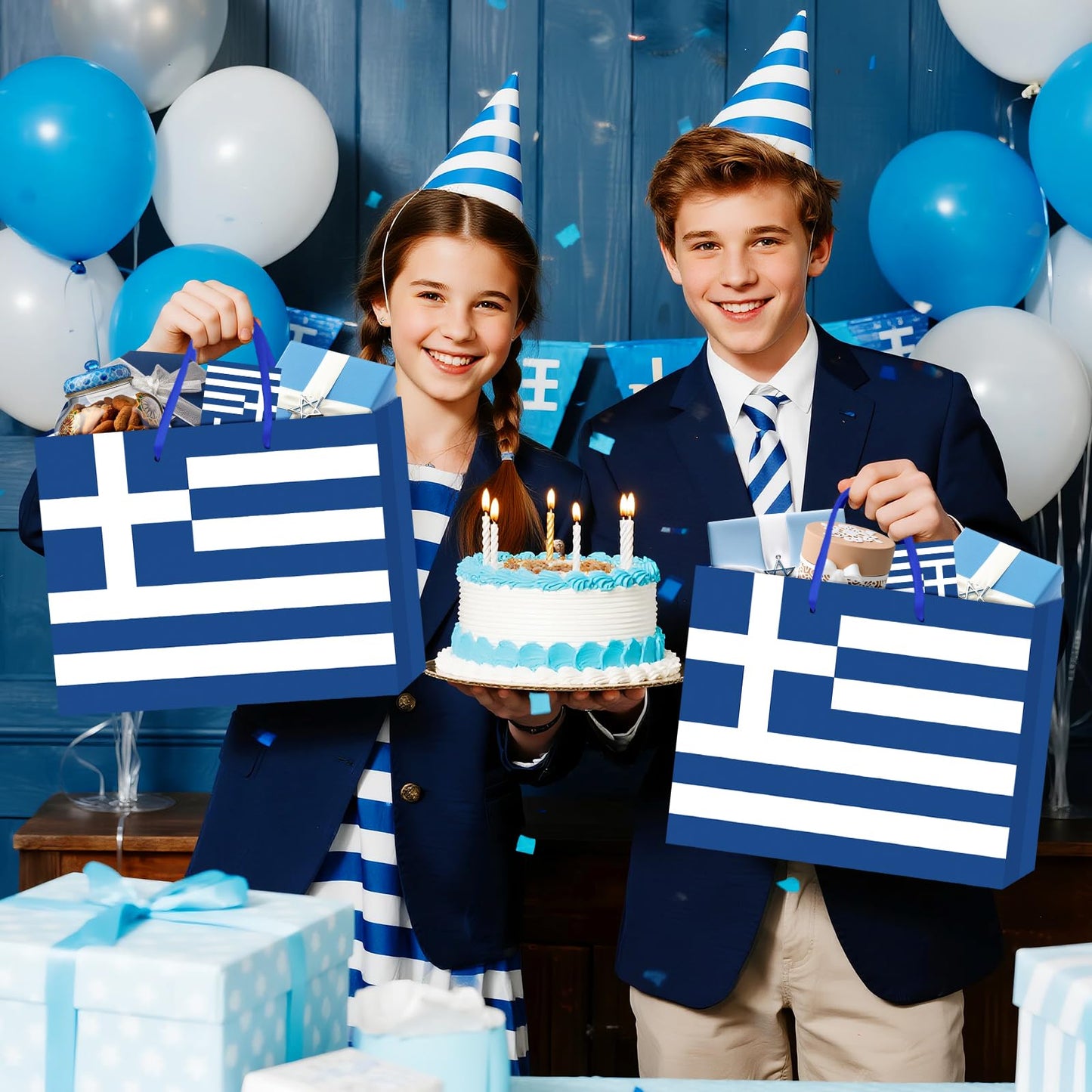 Neptniopllab Greek Flag Gift Bag with Card & Wrapping Papers,Blue White Greece Theme Party Decorations Gift Bag for National Day of Greece,Birthday,Greek Family Gathering Dining,Goodie Treat Bag