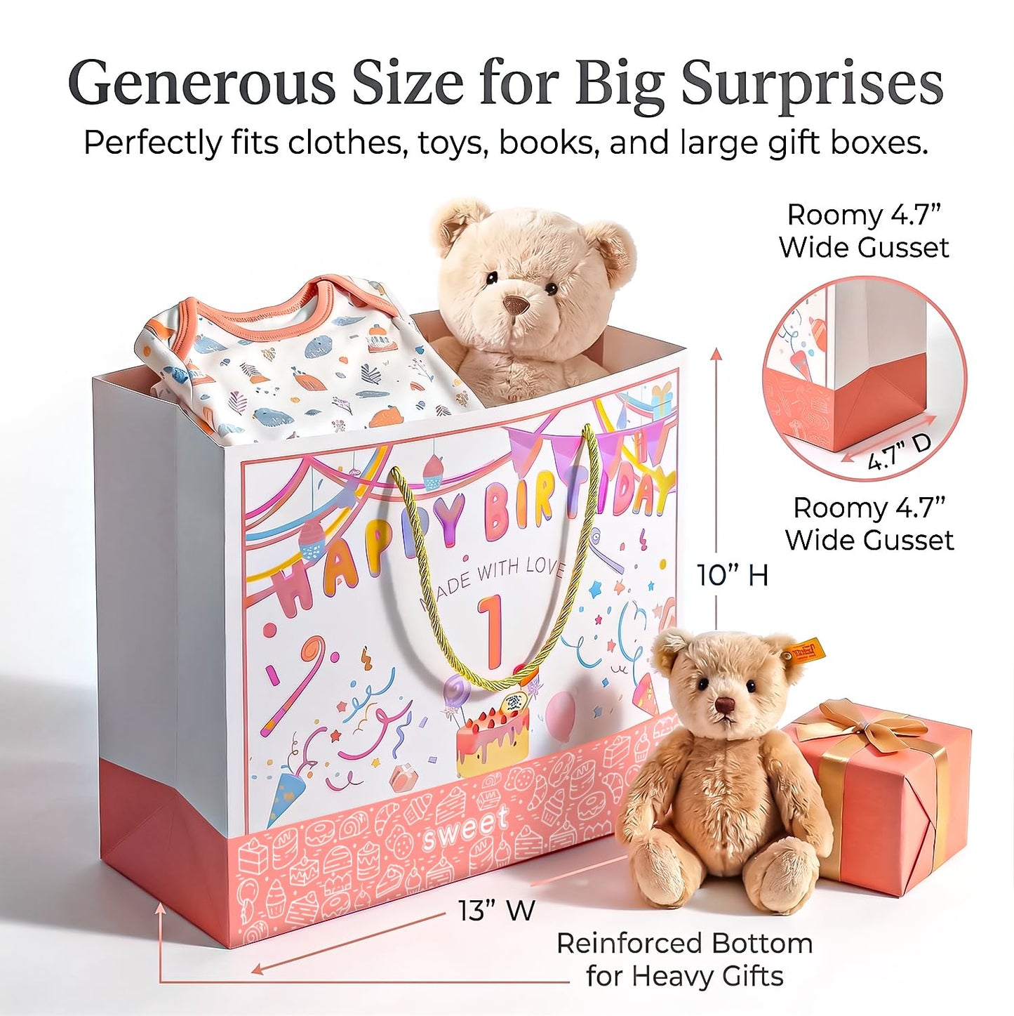 BOPLYBAY 1st Birthday Gift Bag for Girls with Greeting Card & Tissue Paper - Large 13" Pink Age 1 Birthday Party Favor Bag, Luxury Gift Wrapping Set for One Year Old Baby Girl (Age 1)