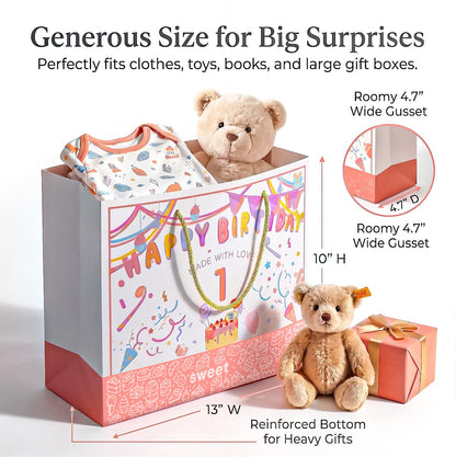 BOPLYBAY 1st Birthday Gift Bag for Girls with Greeting Card & Tissue Paper - Large 13" Pink Age 1 Birthday Party Favor Bag, Luxury Gift Wrapping Set for One Year Old Baby Girl (Age 1)