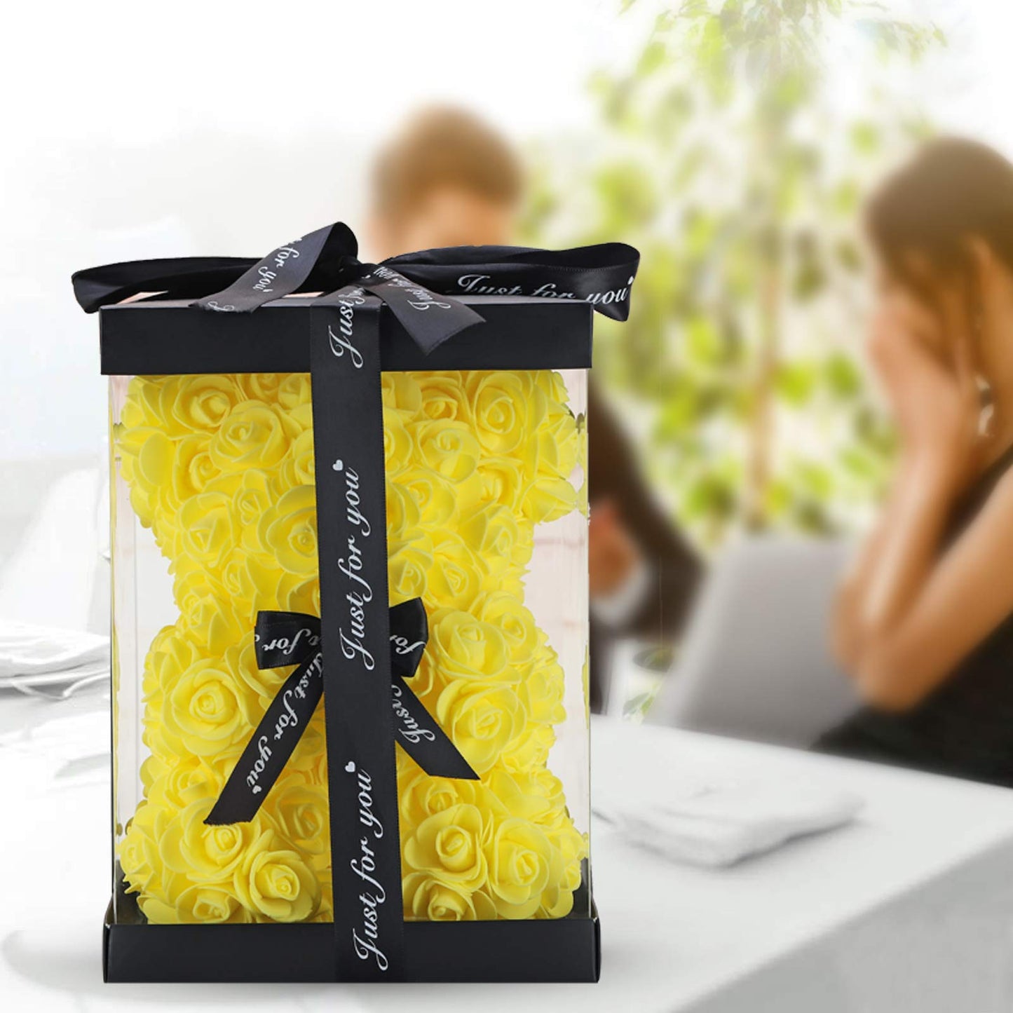 LINKLO Rose Bear Rose Teddy Bear -10 inch Artificial Rose Flower Bear, Gift for Wedding, Mothers Day and Anniversary, Including Transparent Gift Box (Yellow)
