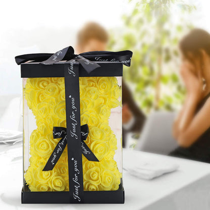 LINKLO Rose Bear Rose Teddy Bear -10 inch Artificial Rose Flower Bear, Gift for Wedding, Mothers Day and Anniversary, Including Transparent Gift Box (Yellow)