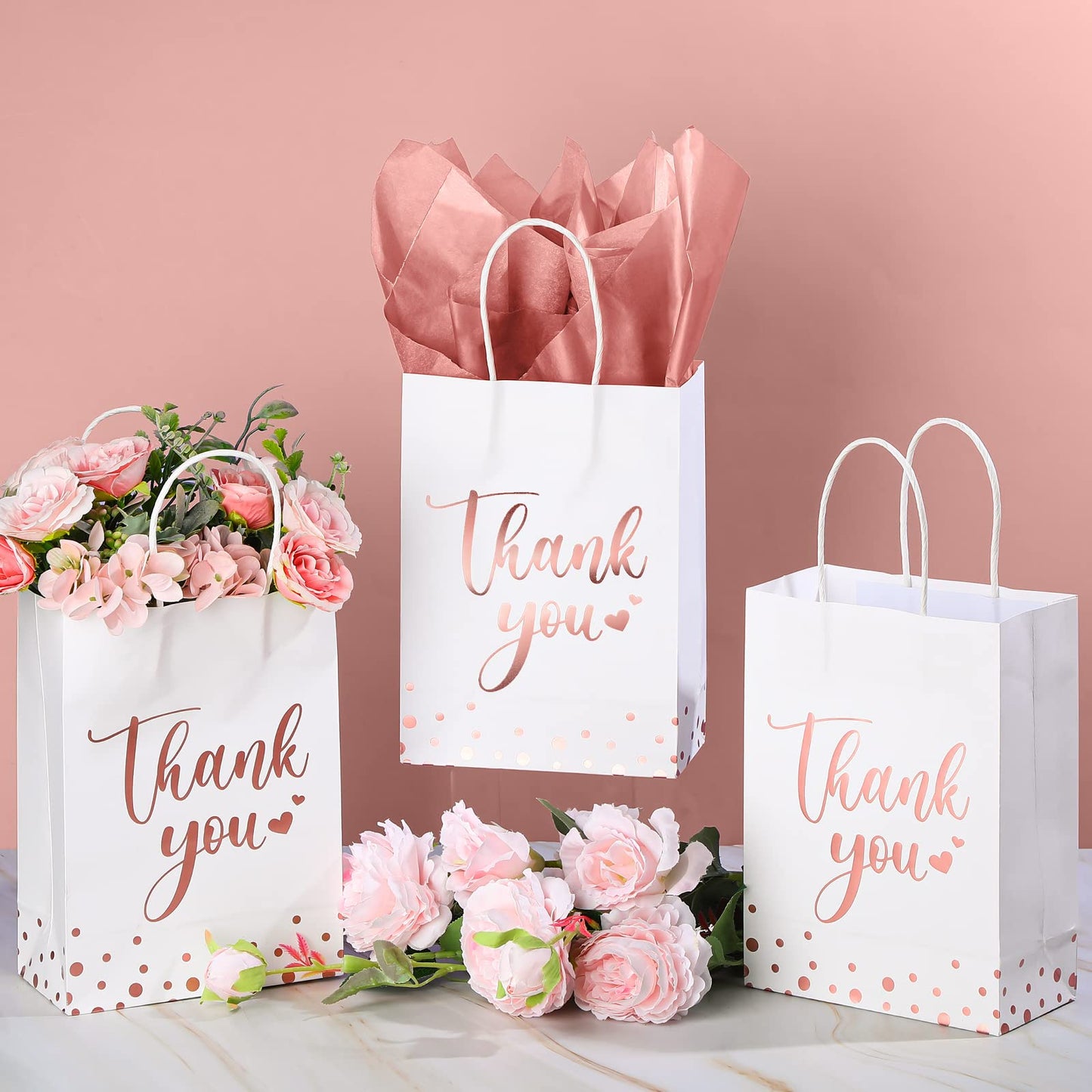 Tinlade 30 Pcs Thank You Gift Bags with Tissue Paper Gold Thank You Wedding Bags with Handle for Graduation Business Shopping Wedding Shower Party Favors(Rose Gold)