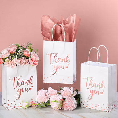 Tinlade 30 Pcs Thank You Gift Bags with Tissue Paper Gold Thank You Wedding Bags with Handle for Graduation Business Shopping Wedding Shower Party Favors(Rose Gold)