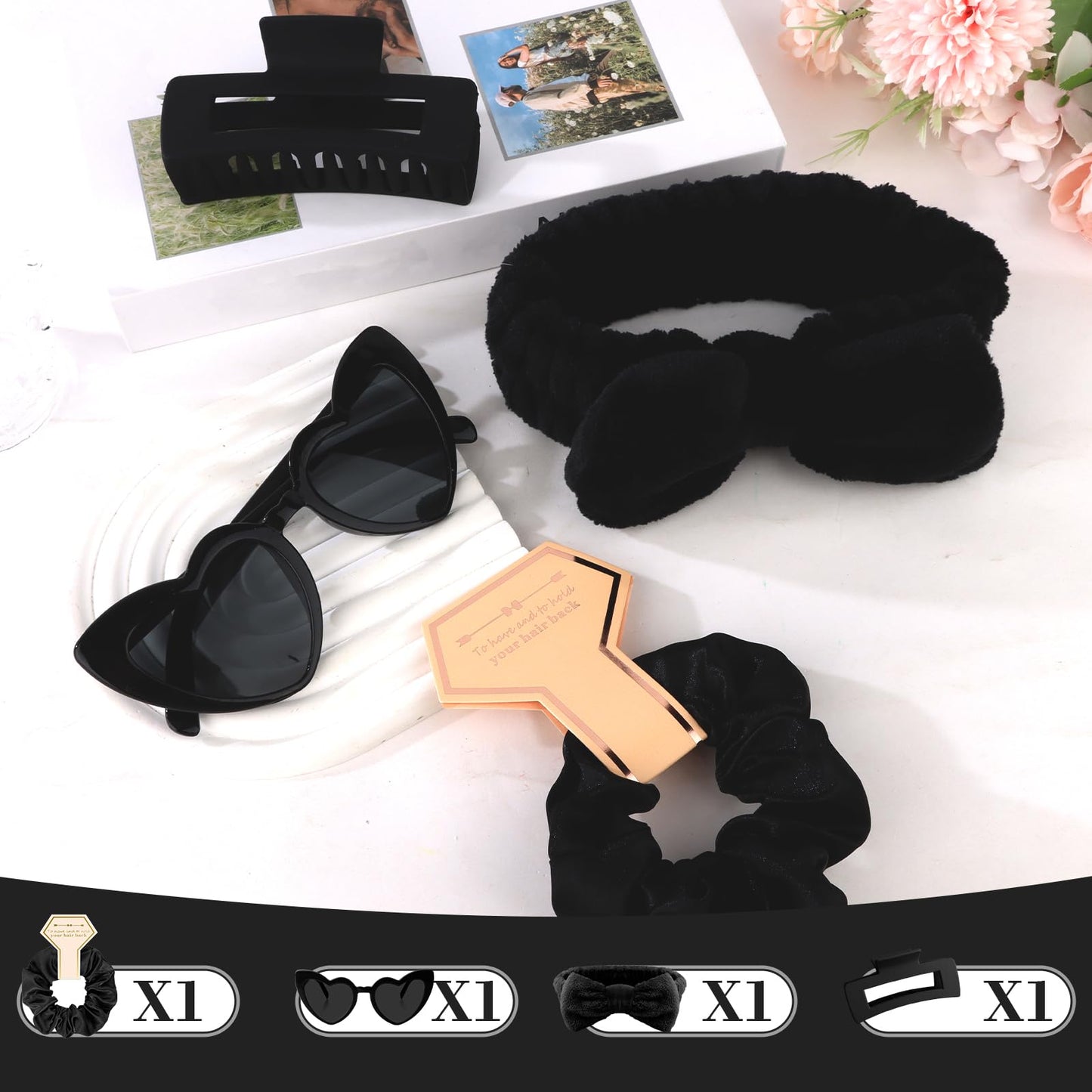 Semato 4 Pcs Black Bridesmaid Proposal Gifts Bridesmaid Spa Headband, Hair Claw Clips, Heart Shaped Sunglasses and Smooth Satin Scrunchies