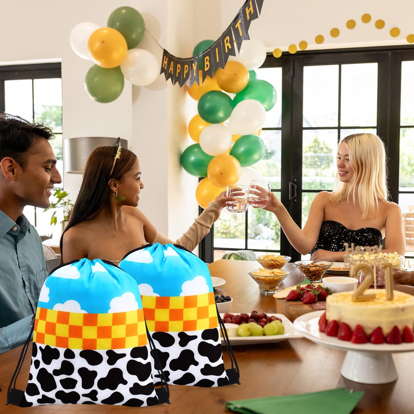 Abbylike 24 Pcs Cartoon Party Favor Bags Birthday Gift Candy Goodies Treat Drawstring Backpacks for Blue Sky Cloud Cow Party Room Decoration Prizes