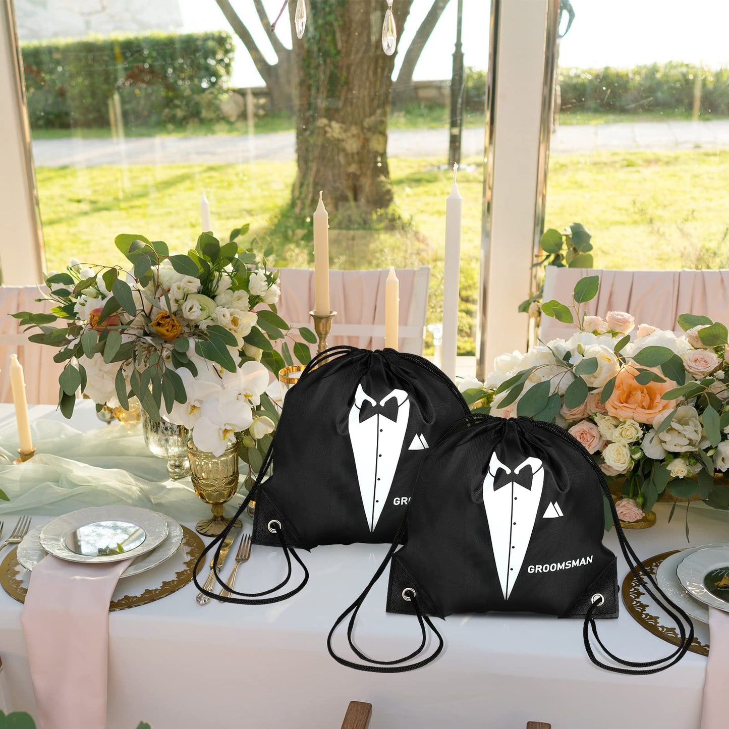 Shappy 7 Pack 9 x 9.9 Inches Groomsmen Gifts Bags for Wedding Party Favor Bags with Drawstring Black Bachelor Present Set for Groomsman Proposal Father's Birthday Anniversary Boss Party Supplies