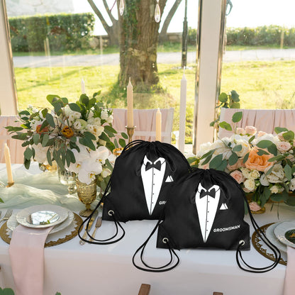 Shappy 7 Pack 9 x 9.9 Inches Groomsmen Gifts Bags for Wedding Party Favor Bags with Drawstring Black Bachelor Present Set for Groomsman Proposal Father's Birthday Anniversary Boss Party Supplies