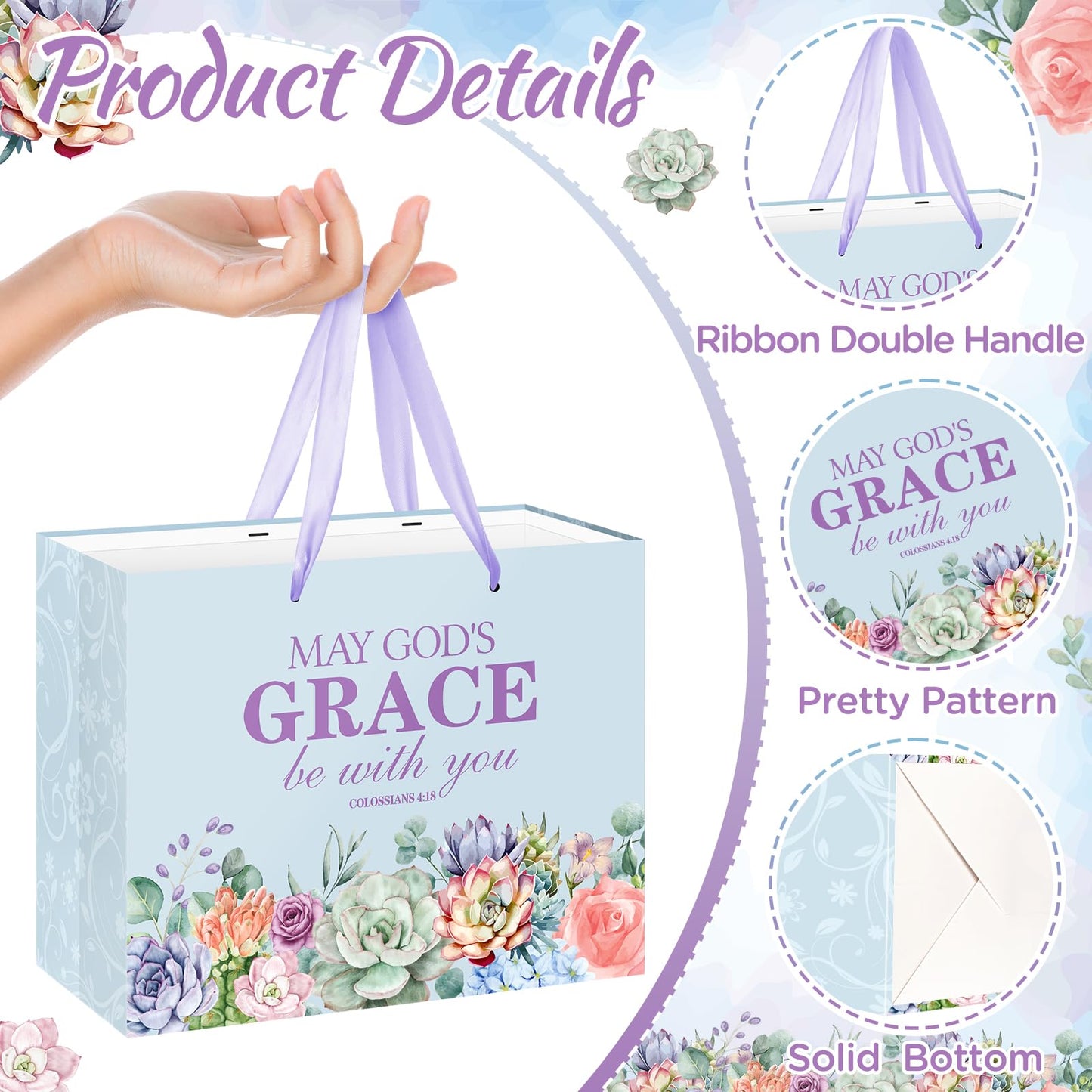 Christian Art Gifts Bag with Card & Purple Tissue Papers,Scripture Gift Bag,May God's Grace Be With You Scripture Gift Bag with Bible Verse for Mother's Day,Baptism,Wedding,Christian Goodie Treat Bag