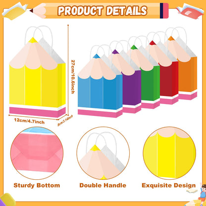 12Pcs Welcome Back to School Pencil Gift Favors Bags First Day of School Candy Boxes with Handle Pencil Goodie Treat Bag for Teacher Appreciation Kindergarten Graduation Birthday Party Supplies