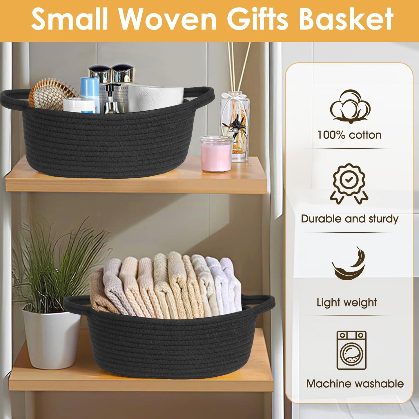 Small Woven Basket with Gift Bags and Ribbons,Cotton Rope Gifts Basket with Handles, Black, Oval Storage Organizer, 12x8x5 inches,Cute baby basket for Toys,nursery