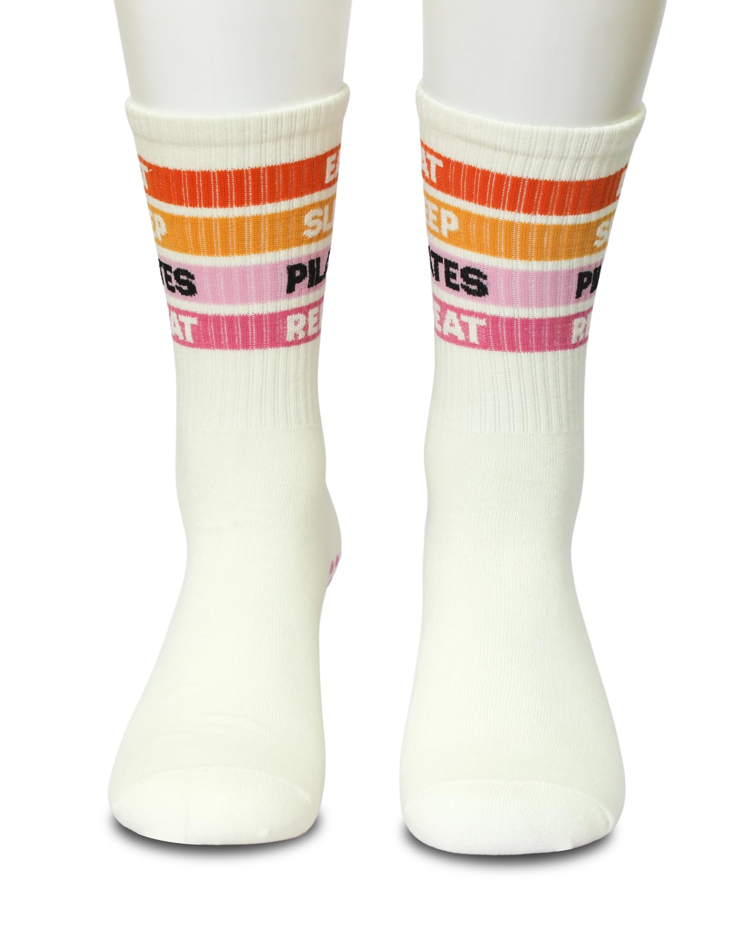 Cute Pilates Socks - Eat Sleep Pilates Repeat Sign Best Studio Gifts for Women and Girls - Beige Crew Grip Socks for Reformer Workout and Daily Pilate Life(183)