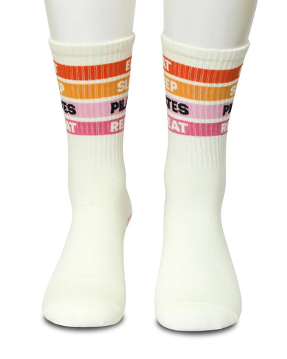 Cute Pilates Socks - Eat Sleep Pilates Repeat Sign Best Studio Gifts for Women and Girls - Beige Crew Grip Socks for Reformer Workout and Daily Pilate Life(183)