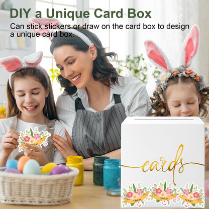 White Card Box with Gold Foil Design, Paperboard 8.7" Card Box for Birthday Wedding Party Graduation Retirement Anniversary Valentine's Day & Baby Showers, Raffle or Money Box