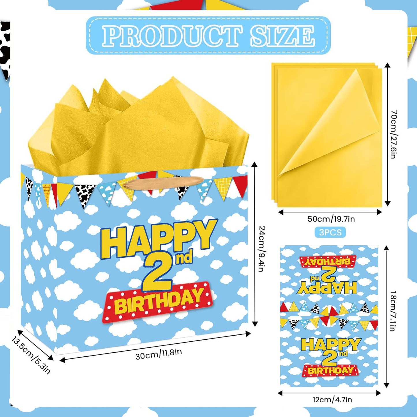 Cartoon Story 2nd Birthday Gift Bag with Tissue Paper and Greeting Card, Two Years Old Party Favor Bags Blue Sky White Clouds Cow Story 2nd Birthday Wrapping Paper Goodie Treat Bag for Kid Party Decor