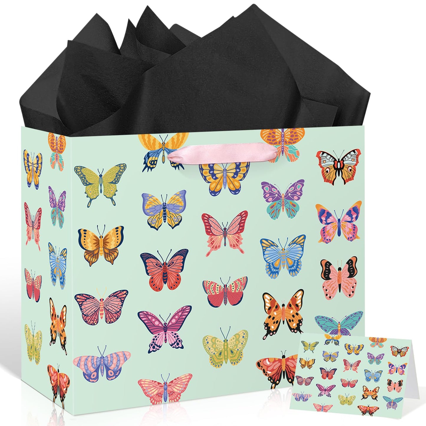 Butterfly Gift Bags for Girls Women Mint Green Butterfly Birthday Gift Wrap Bags with Handle Tissue Papers Greeting Card for Baby Shower Spring Easter Wedding Party Favors Goodie Wrapping Bag Supplies